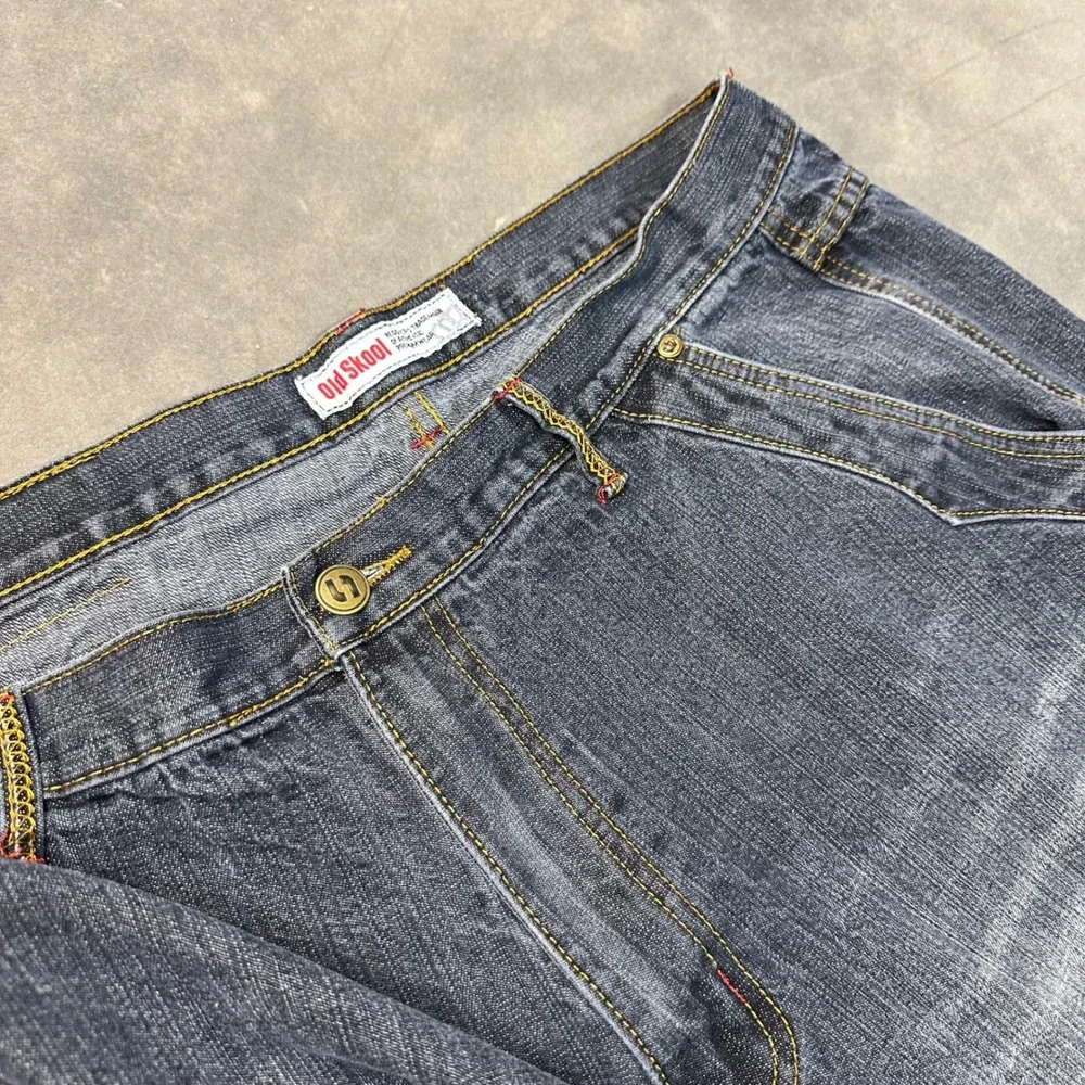 Old Skool Jeans Men 37x32 Dark Wash Embroidered Baggy Y2K Streetwear Excellent